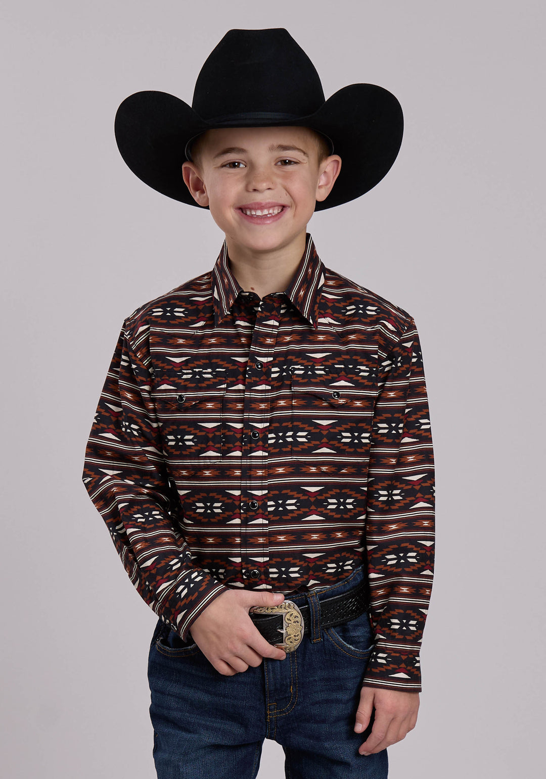 BOYS ROPER HORIZONTAL AZTEC PRINT WESTERN SNAP SHIRT