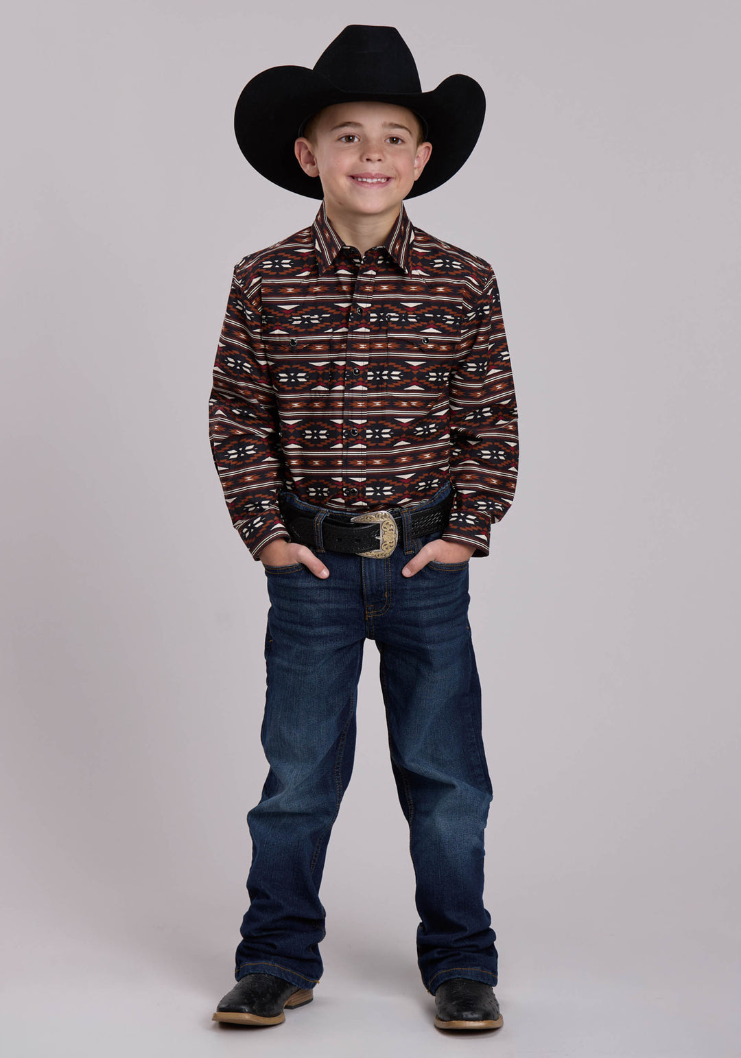 BOYS ROPER HORIZONTAL AZTEC PRINT WESTERN SNAP SHIRT