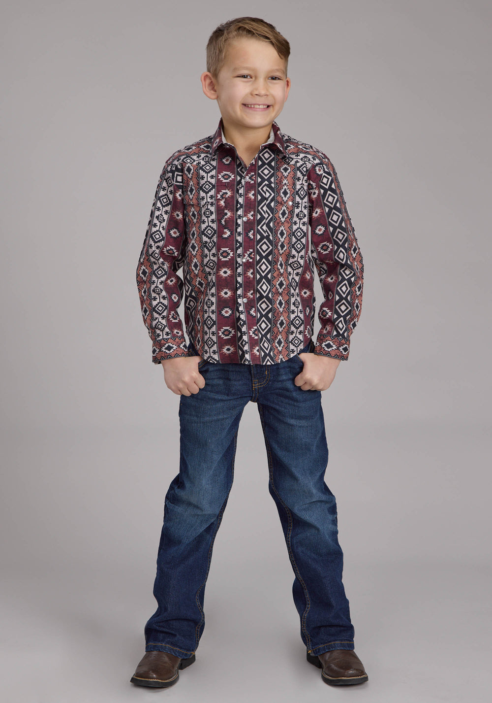 BOYS WINTER AZTEC PRINT LONG SLEEVE SNAP WESTERN SHIRT