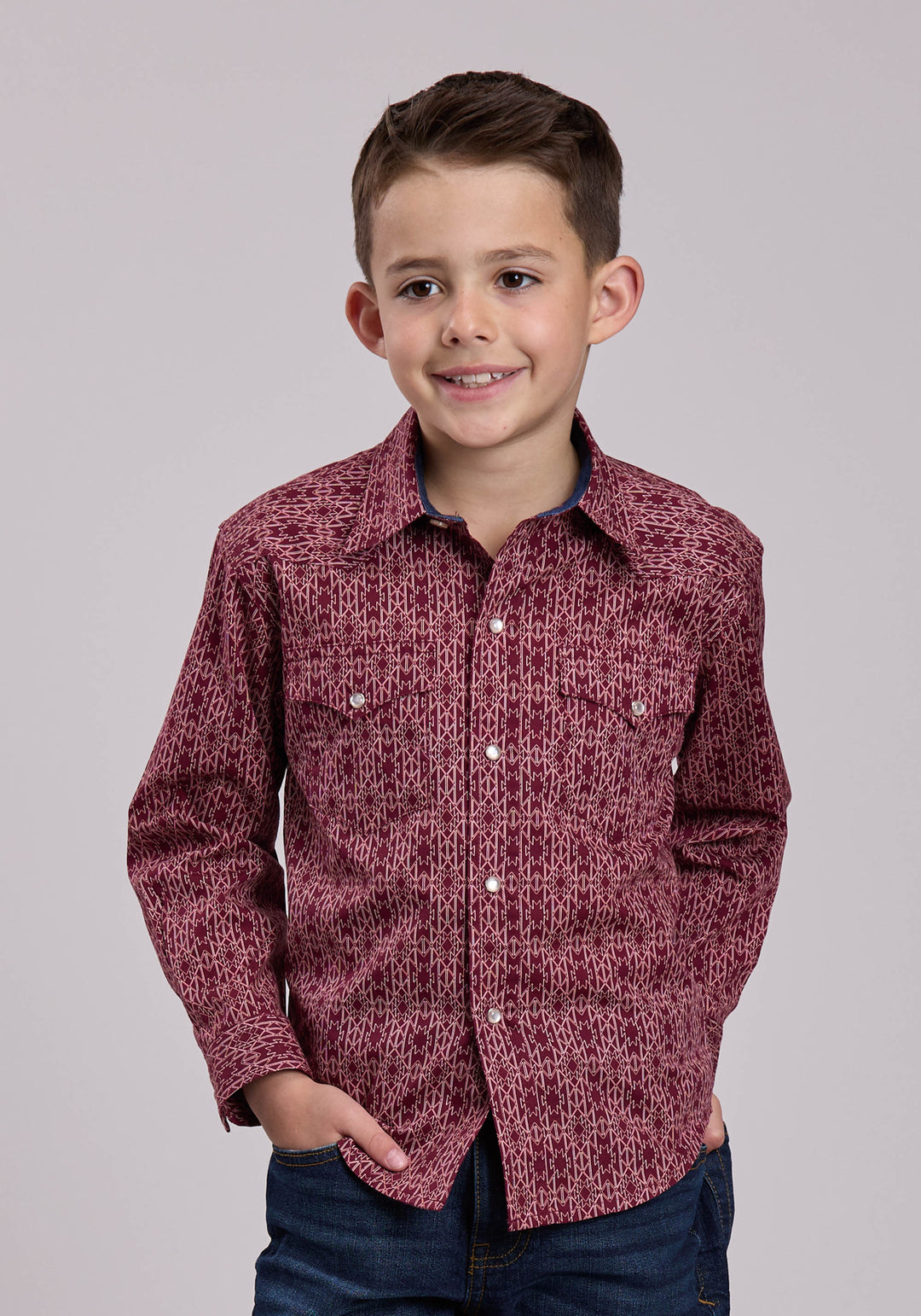 BOYS LONG SLEEVE SNAP LINEAR AZTEC PRINT WESTERN SHIRT