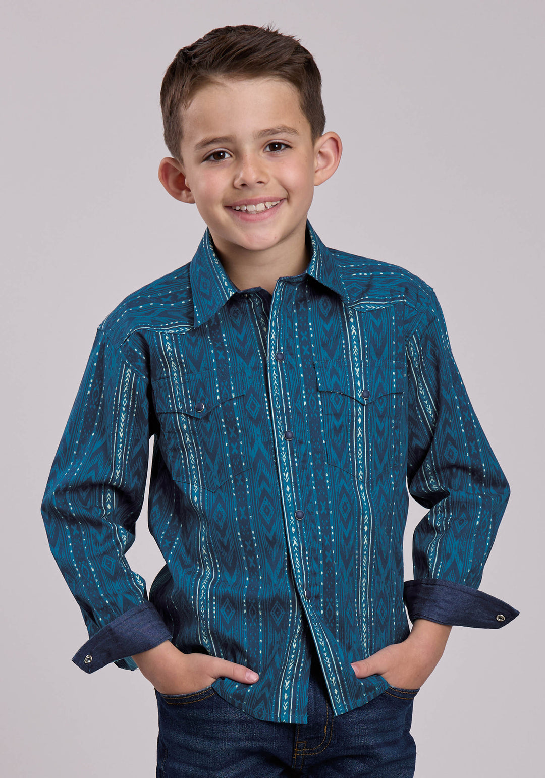 BOYS LONG SLEEVE SNAP DIAMOND NAVAJO PRINT WESTERN SHIRT