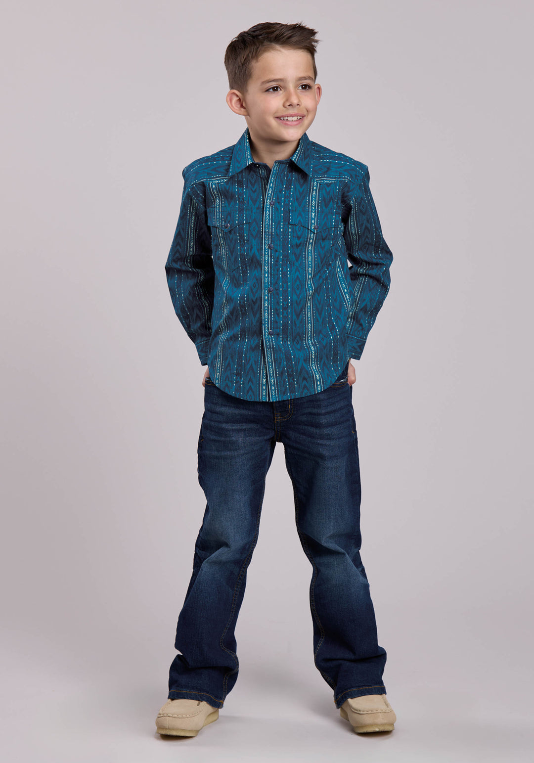 BOYS LONG SLEEVE SNAP DIAMOND NAVAJO PRINT WESTERN SHIRT