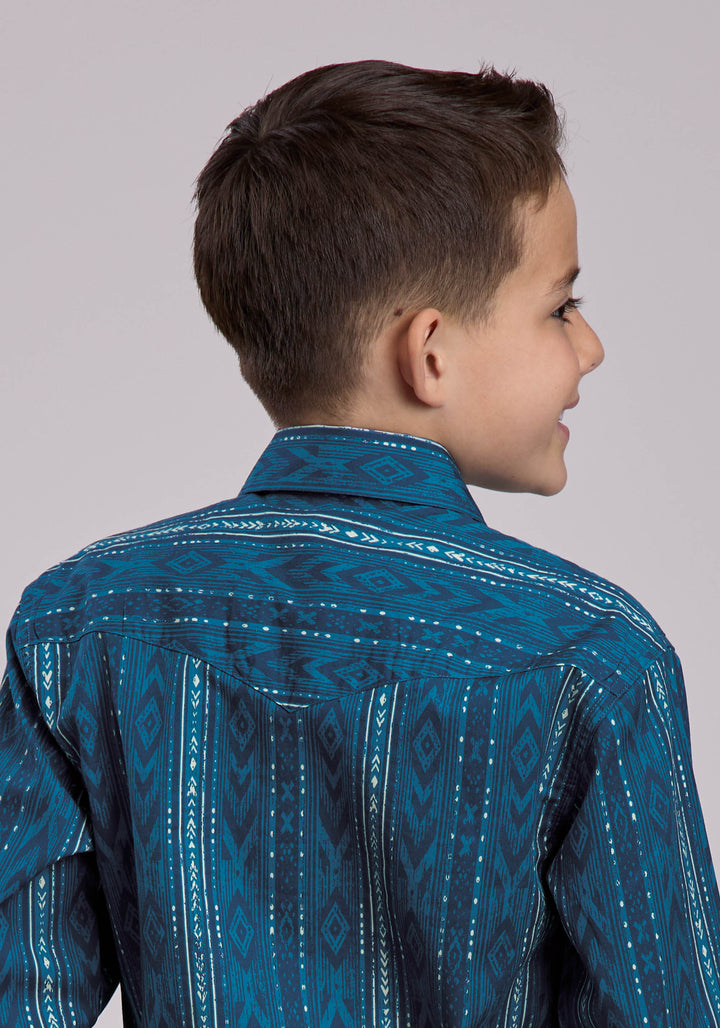 BOYS LONG SLEEVE SNAP DIAMOND NAVAJO PRINT WESTERN SHIRT