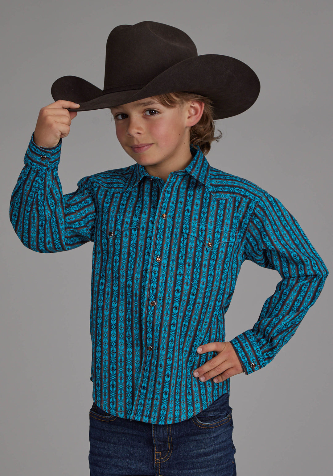 BOYS MICRO AZTEC PRINT LONG SLEEVE SNAP WESTERN SHIRT