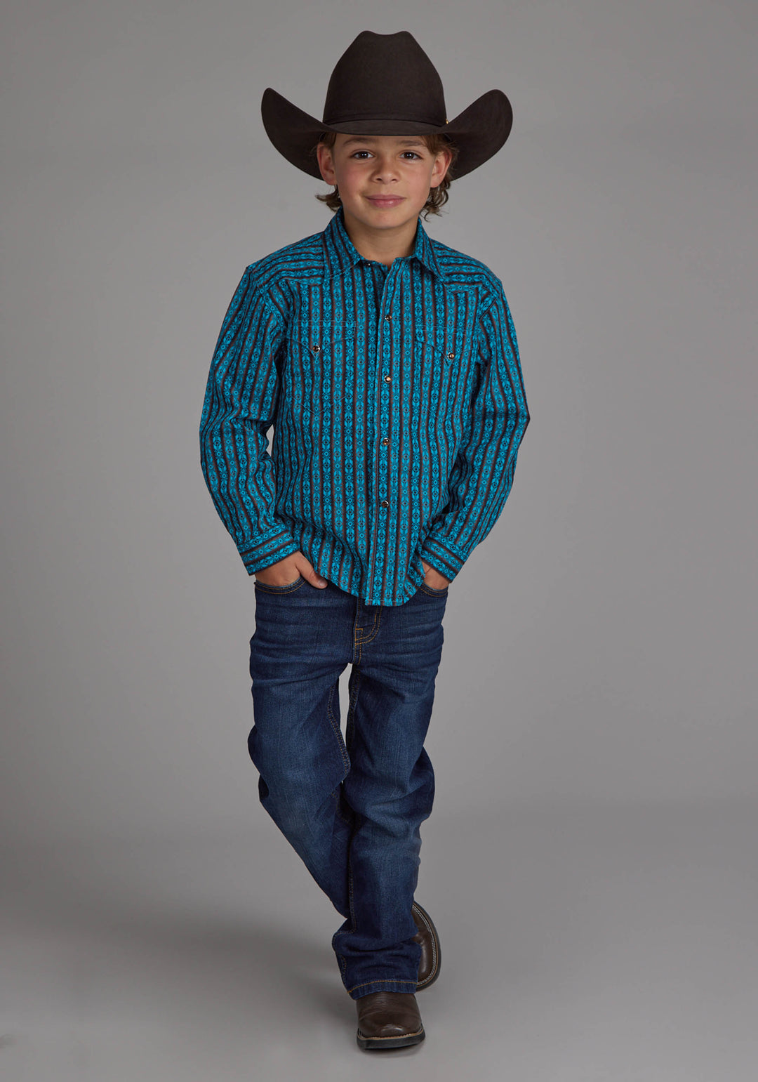BOYS MICRO AZTEC PRINT LONG SLEEVE SNAP WESTERN SHIRT