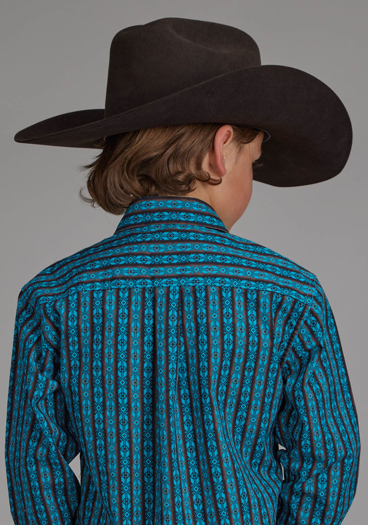 BOYS MICRO AZTEC PRINT LONG SLEEVE SNAP WESTERN SHIRT