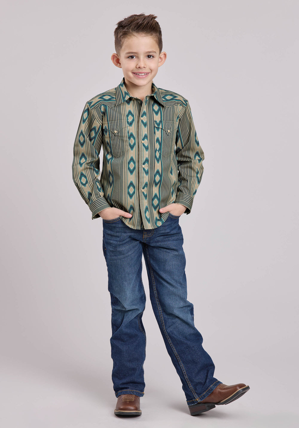BOYS ROPER NAVAJO STRIPES PRINT LONG SLEEVE SNAP SHIRT
