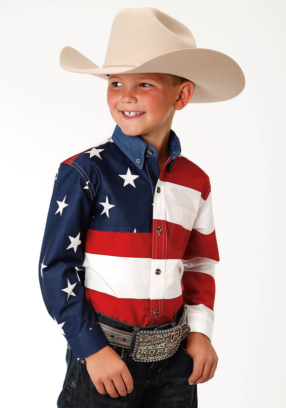 BOYS RED WHITE AND BLUE STARS AND STRIPES PIECED AMERICAN FLAG LONG SLEEVE WESTERN SNAP SHIRT
