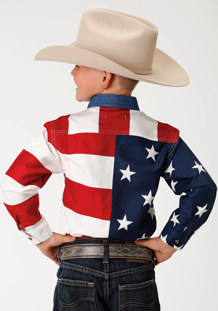 BOYS RED WHITE AND BLUE STARS AND STRIPES PIECED AMERICAN FLAG LONG SLEEVE WESTERN SNAP SHIRT