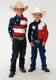 BOYS RED WHITE AND BLUE STARS AND STRIPES PIECED AMERICAN FLAG LONG SLEEVE WESTERN SNAP SHIRT