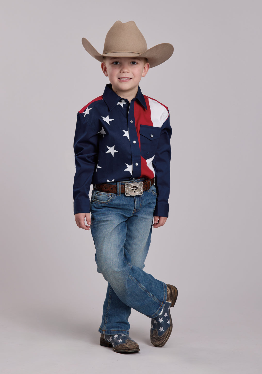 BOYS ROPER VERTICAL STARS AND STRIPE PRINT WESTERN SNAP SHIRT