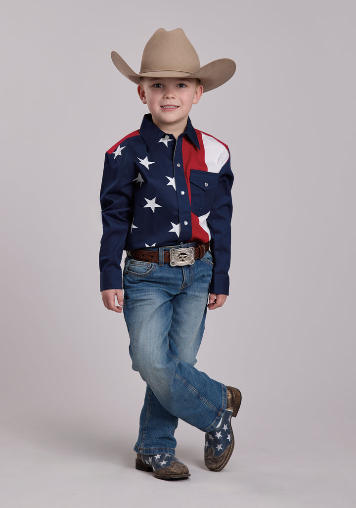 BOYS ROPER VERTICAL STARS AND STRIPE PRINT WESTERN SNAP SHIRT
