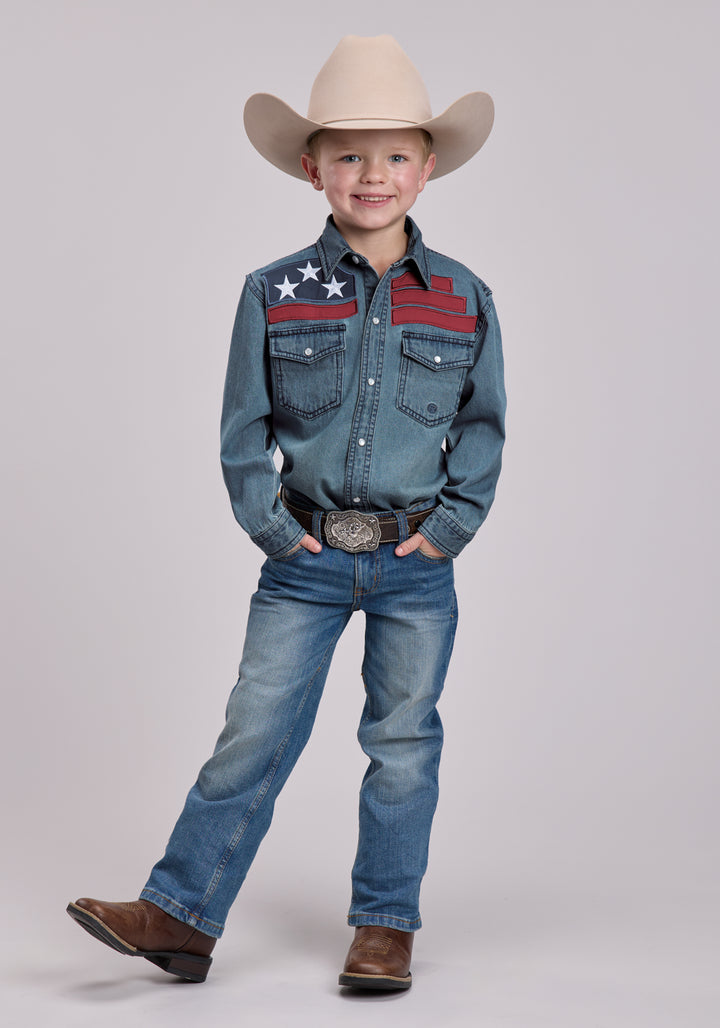 Boys Roper Medium Blue Denim Long Sleeve Snap Shirt
