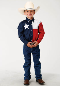 BOYS RED WHITE AND BLUE PIECED TEXAS FLAG LONG SLEEVE WESTERN SNAP SHIRT