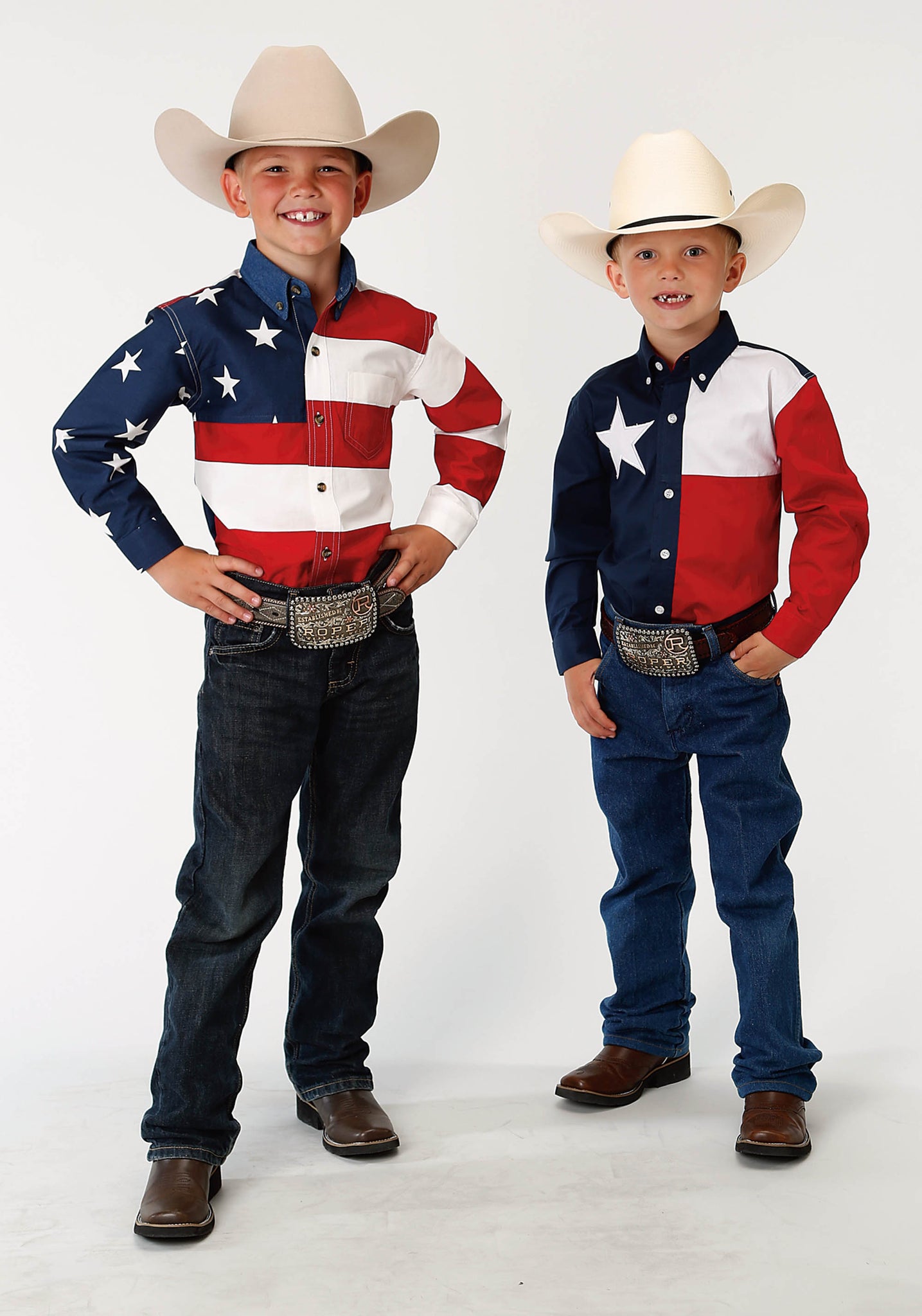 BOYS RED WHITE AND BLUE PIECED TEXAS FLAG LONG SLEEVE WESTERN SNAP SHIRT