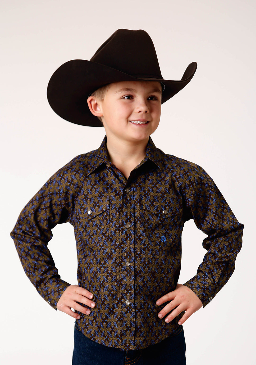 BOYS LONG SLEEVE SNAP DIAMOND MEDALLION WESTERN SHIRT