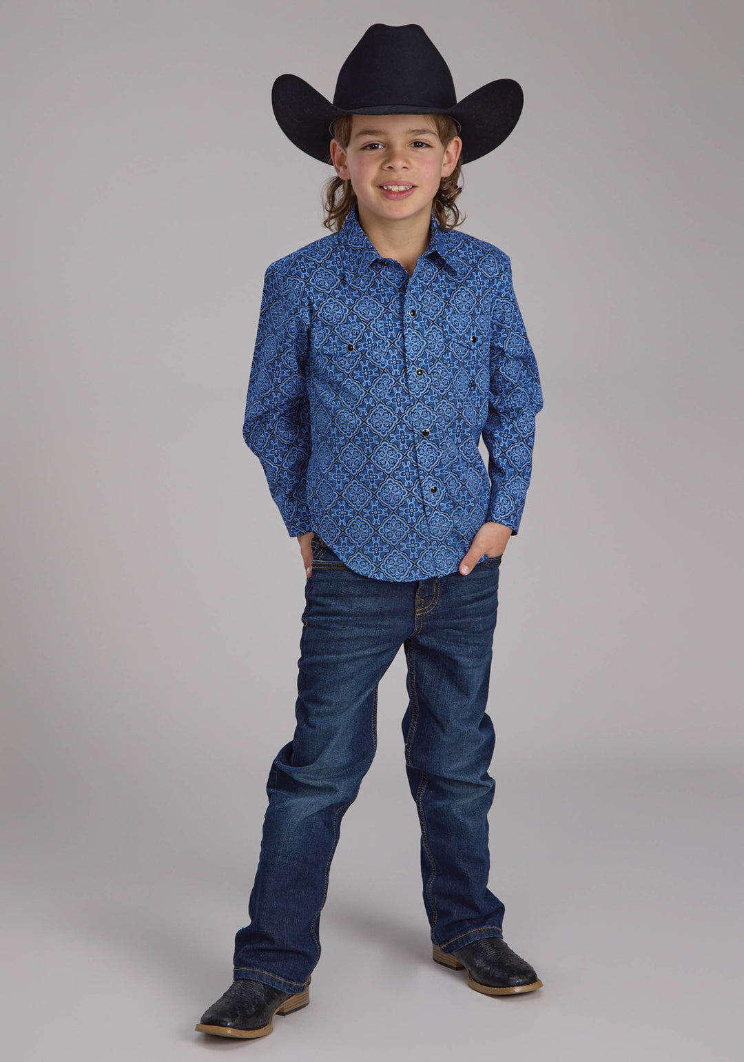 BOYS SAPHIRE ORNAMENTAL LONG SLEEVE SNAP WESTERN SHIRT