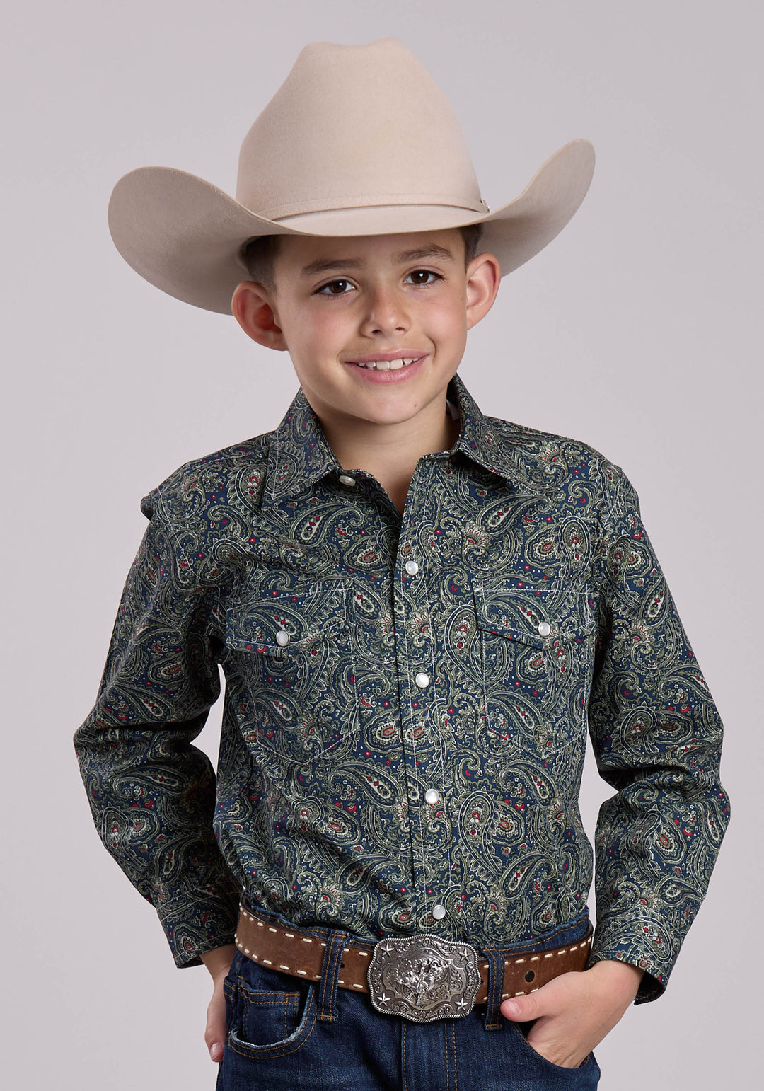 BOYS LONG SLEEVE SNAP FOREST PAISLEY WESTERN SHIRT