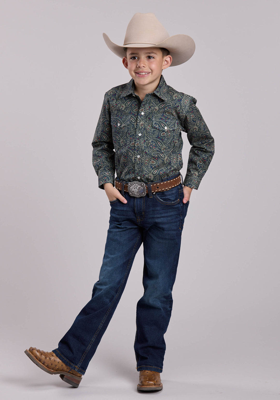 BOYS LONG SLEEVE SNAP FOREST PAISLEY WESTERN SHIRT