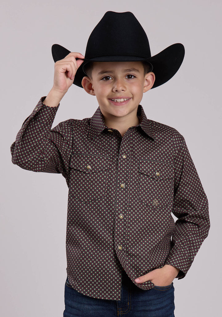BOYS LONG SLEEVE SNAP RED STAR GEO WESTERN SHIRT