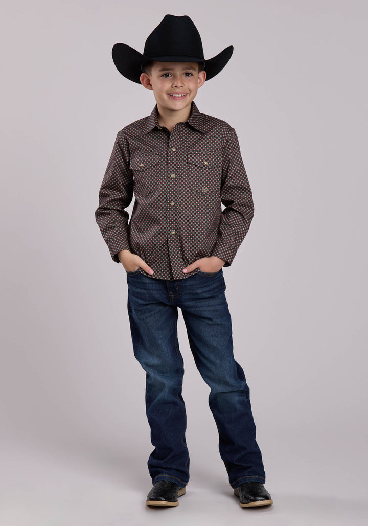 BOYS LONG SLEEVE SNAP RED STAR GEO WESTERN SHIRT