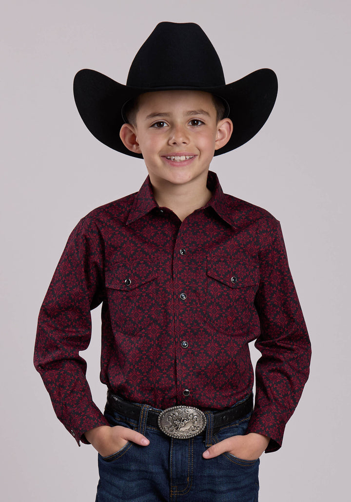 BOYS LONG SLEEVE SNAP GARNET MEDALLION WESTERN SHIRT