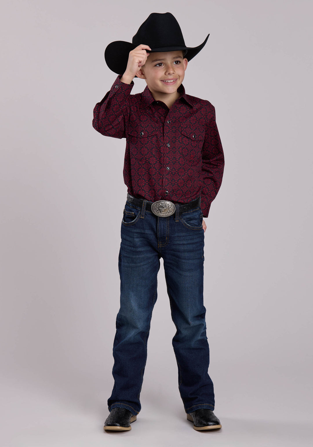 BOYS LONG SLEEVE SNAP GARNET MEDALLION WESTERN SHIRT