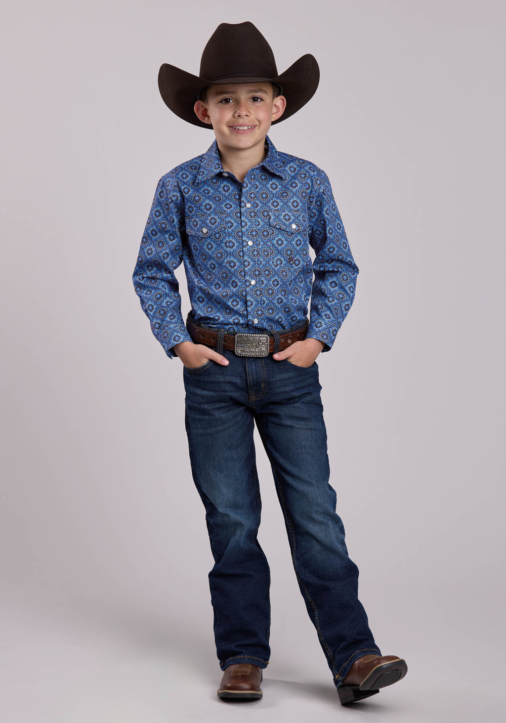 BOYS LONG SLEEVE SNAP VINTAGE BLUE MEDALLION PAISLEY WESTERN SHIRT