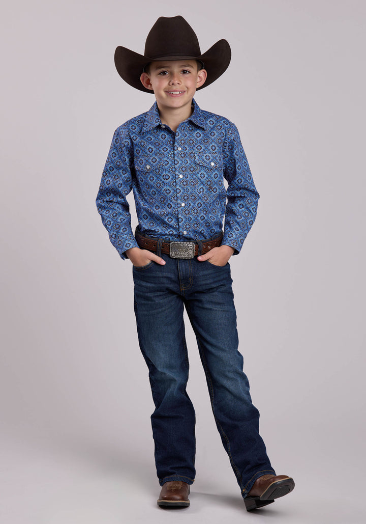 BOYS LONG SLEEVE SNAP VINTAGE BLUE MEDALLION PAISLEY WESTERN SHIRT