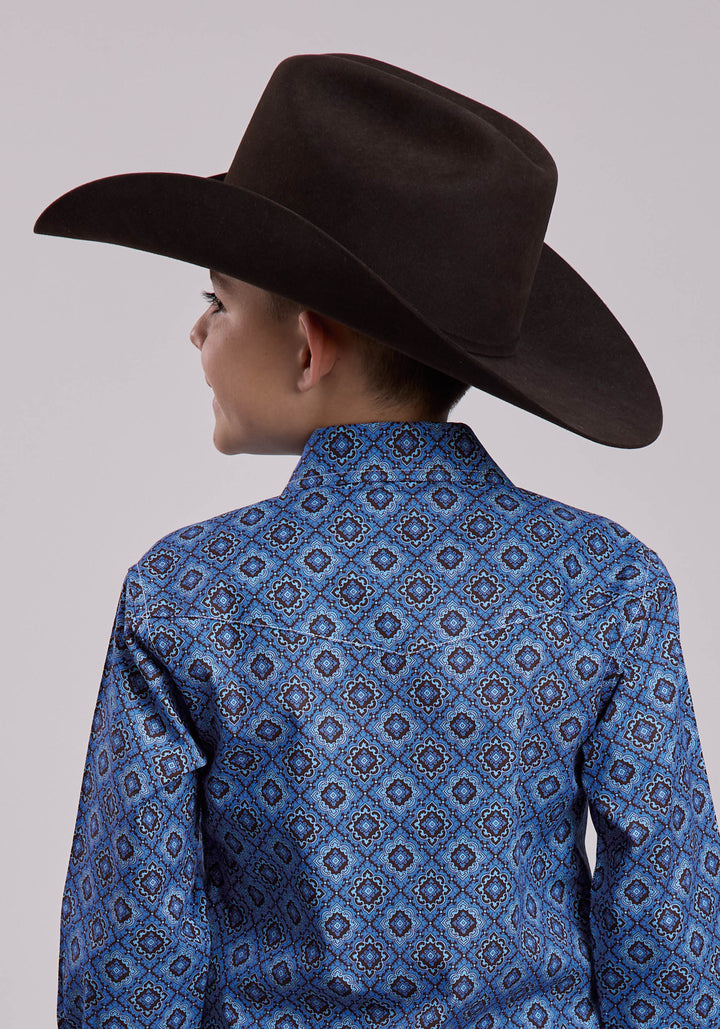 BOYS LONG SLEEVE SNAP VINTAGE BLUE MEDALLION PAISLEY WESTERN SHIRT