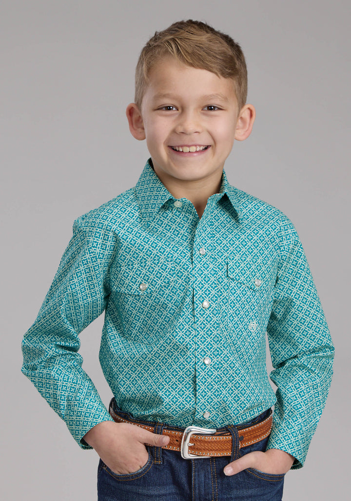 BOYS STRETCH FOUR POINT FOULARD - TURQ LONG SLEEVE SNAP WESTERN SHIRT