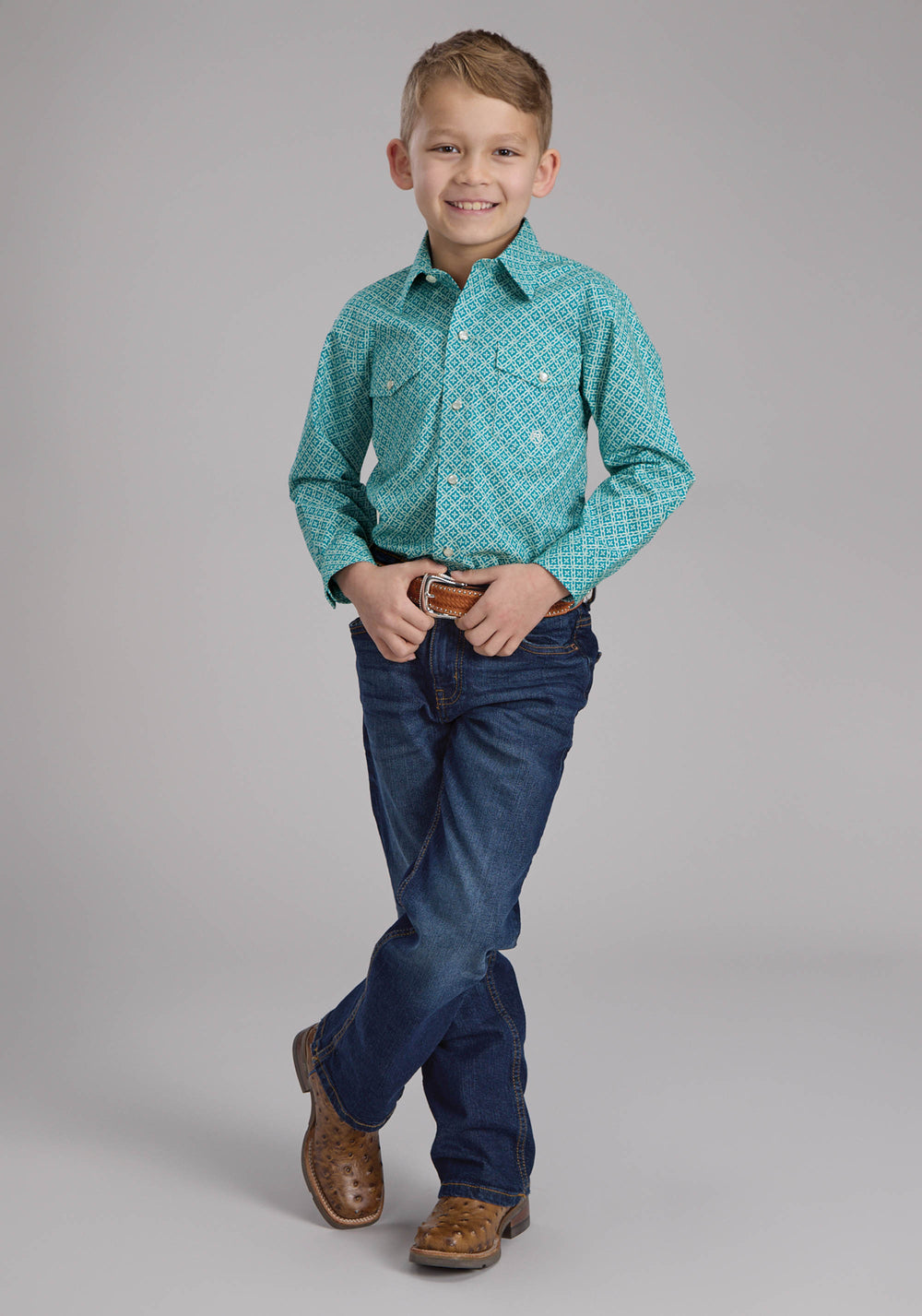 BOYS STRETCH FOUR POINT FOULARD - TURQ LONG SLEEVE SNAP WESTERN SHIRT