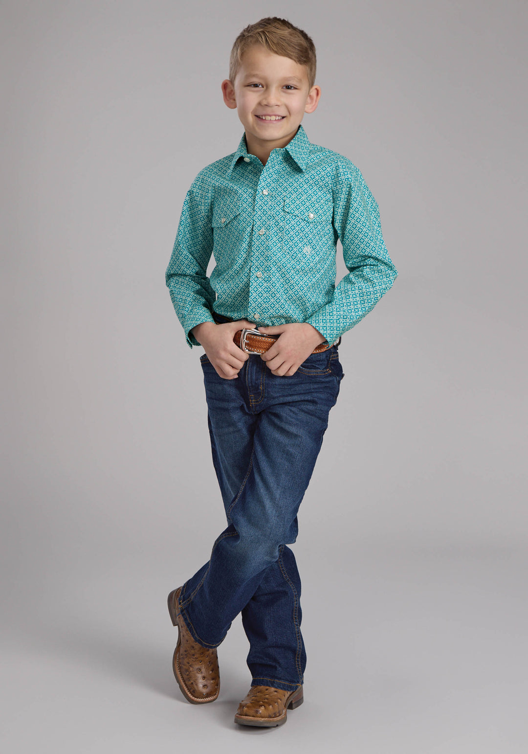 BOYS STRETCH FOUR POINT FOULARD - TURQ LONG SLEEVE SNAP WESTERN SHIRT