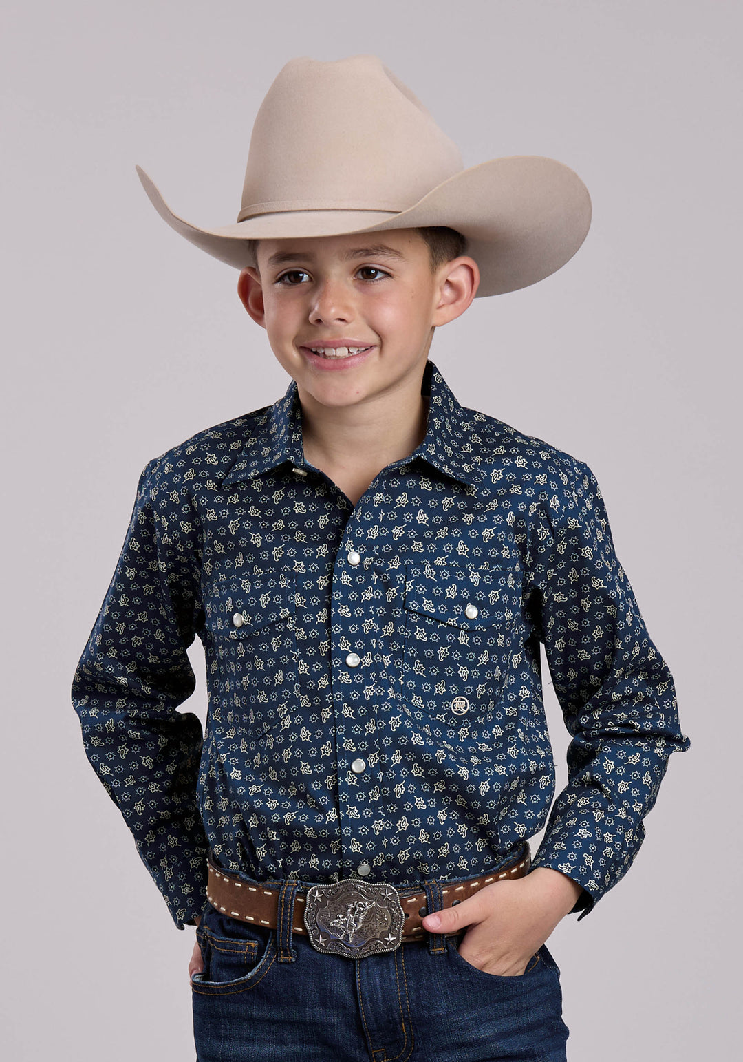 BOYS LONG SLEEVE SNAP STRETCH POPLIN PAISLEY - NAVY WESTERN SHIRT