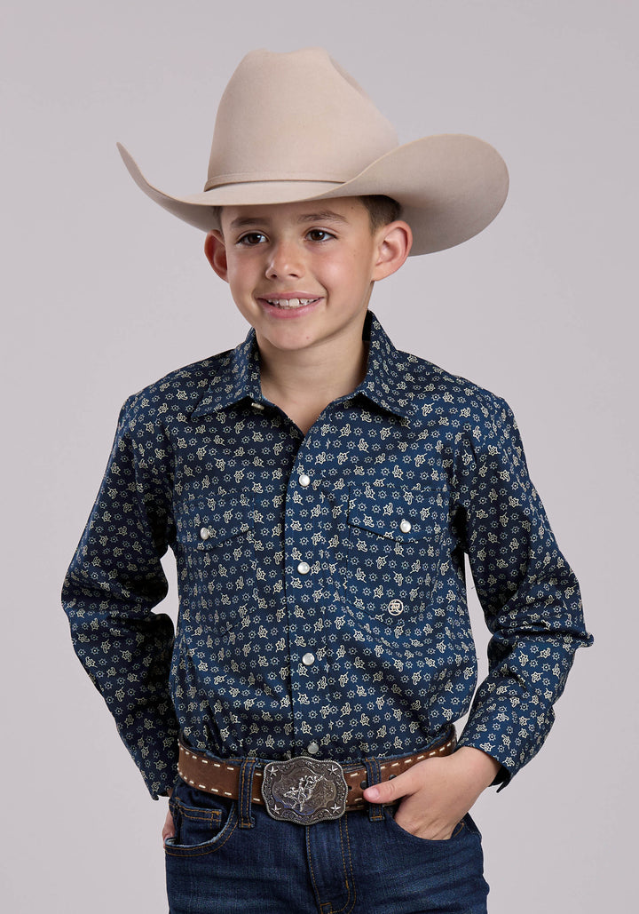 BOYS LONG SLEEVE SNAP STRETCH POPLIN PAISLEY - NAVY WESTERN SHIRT