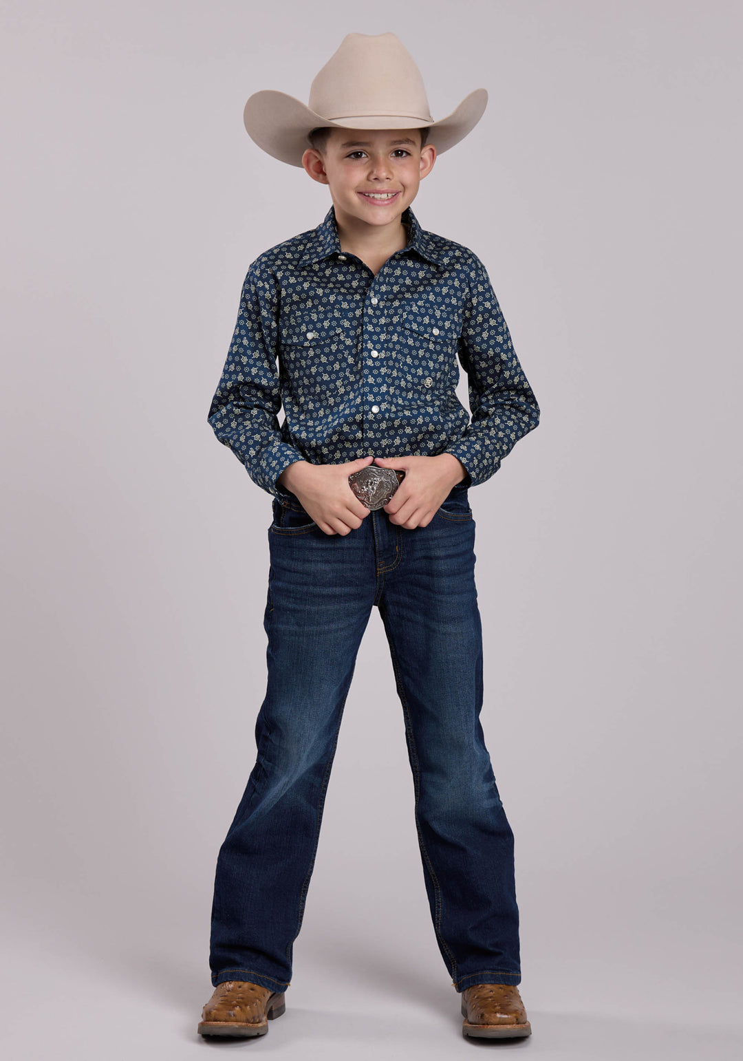 BOYS LONG SLEEVE SNAP STRETCH POPLIN PAISLEY - NAVY WESTERN SHIRT