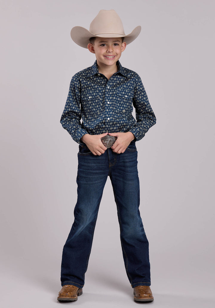 BOYS LONG SLEEVE SNAP STRETCH POPLIN PAISLEY - NAVY WESTERN SHIRT