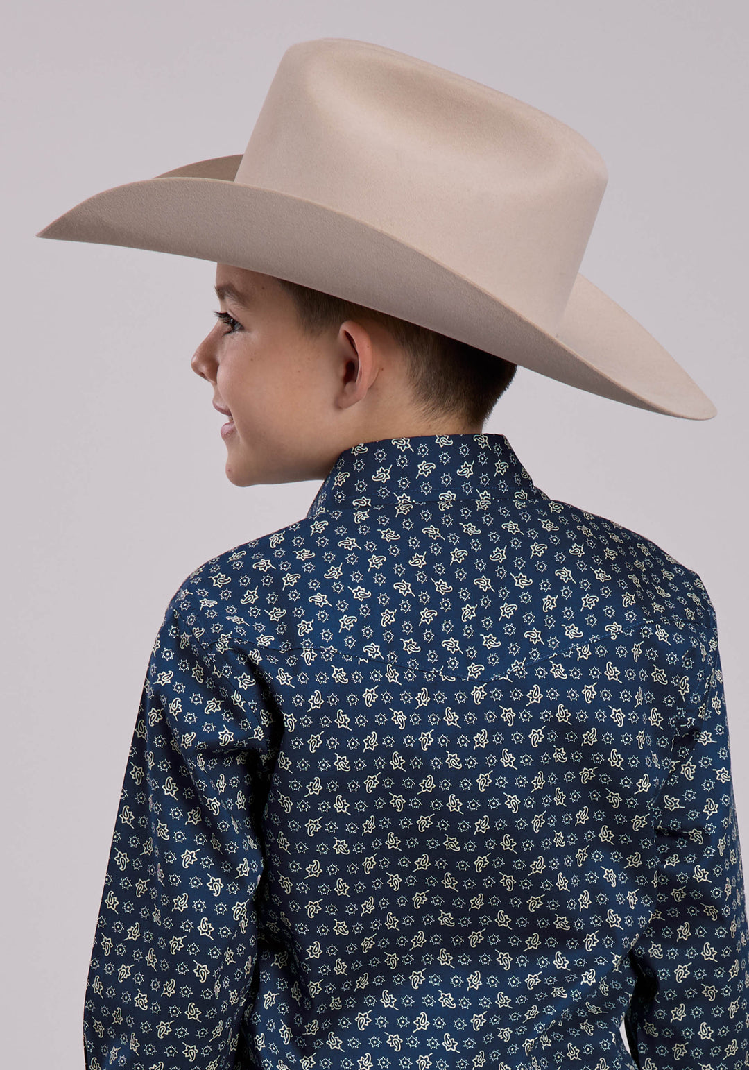 BOYS LONG SLEEVE SNAP STRETCH POPLIN PAISLEY - NAVY WESTERN SHIRT