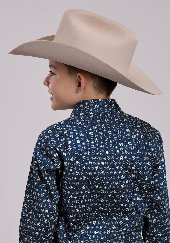 BOYS LONG SLEEVE SNAP STRETCH POPLIN PAISLEY - NAVY WESTERN SHIRT