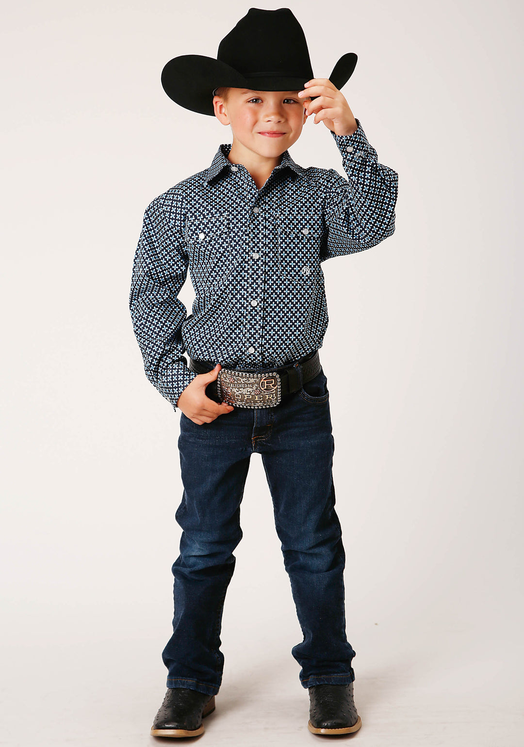 BOYS LONG SLEEVE SNAP FOUR LEAF FOULARD WESTERN SHIRT