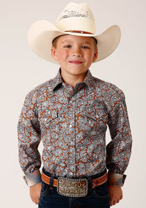 BOYS LONG SLEEVE SNAP COPPER SPRING PAISLEY WESTERN SHIRT