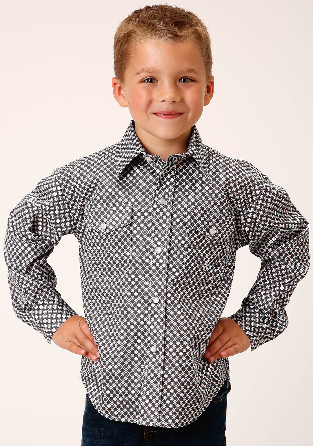 BOYS LONG SLEEVE SNAP DIAMOND STAR GEO  GREY WESTERN SHIRT
