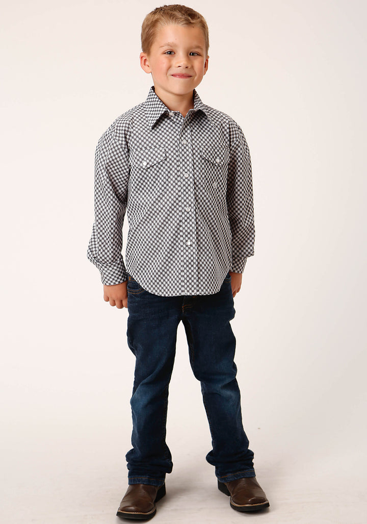 BOYS LONG SLEEVE SNAP DIAMOND STAR GEO  GREY WESTERN SHIRT