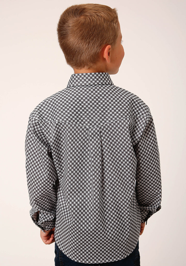 BOYS LONG SLEEVE SNAP DIAMOND STAR GEO  GREY WESTERN SHIRT