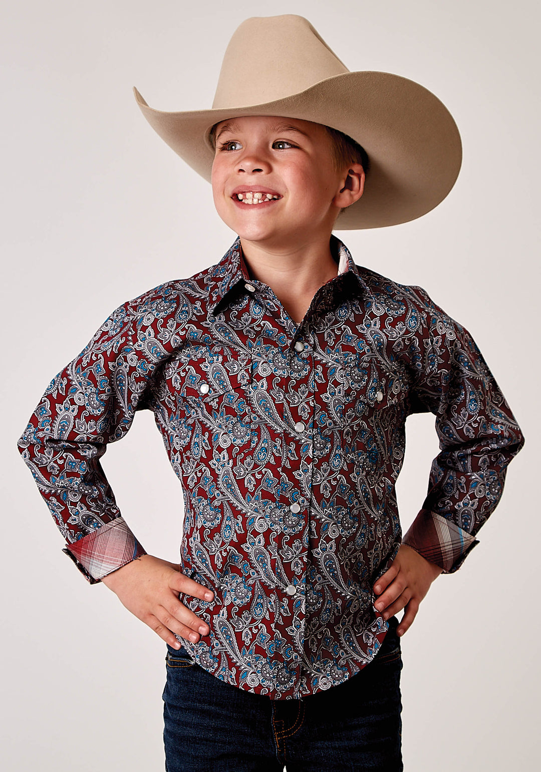 BOYS LONG SLEEVE SNAP RED RIVER PAISLEY WESTERN SHIRT