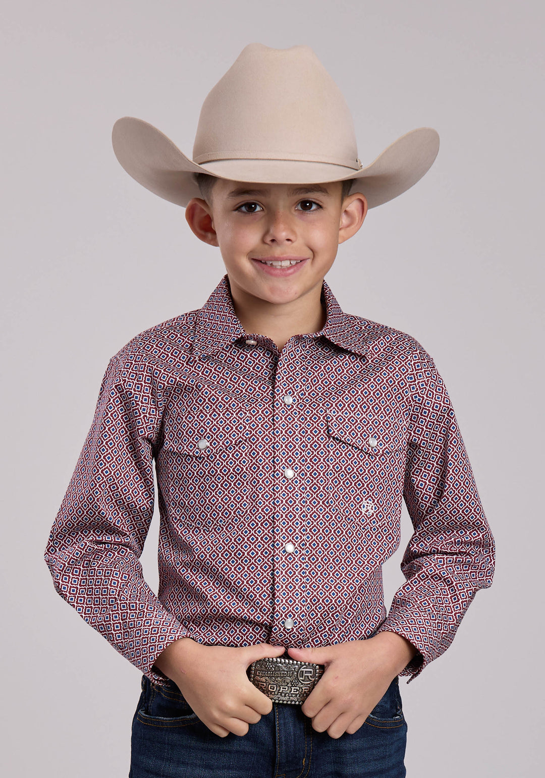 BOYS ROPER RED TILE FOULARD LONG SLEEVE SNAP SHIRT