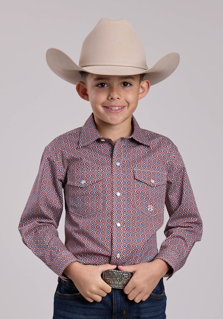 BOYS ROPER RED TILE FOULARD LONG SLEEVE SNAP SHIRT
