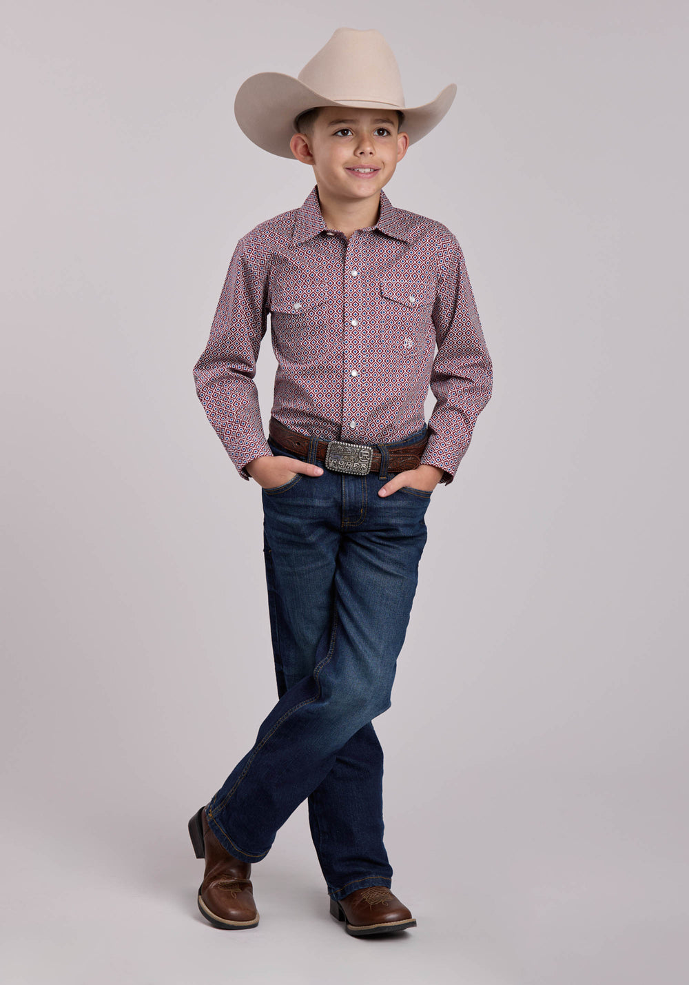 BOYS ROPER RED TILE FOULARD LONG SLEEVE SNAP SHIRT