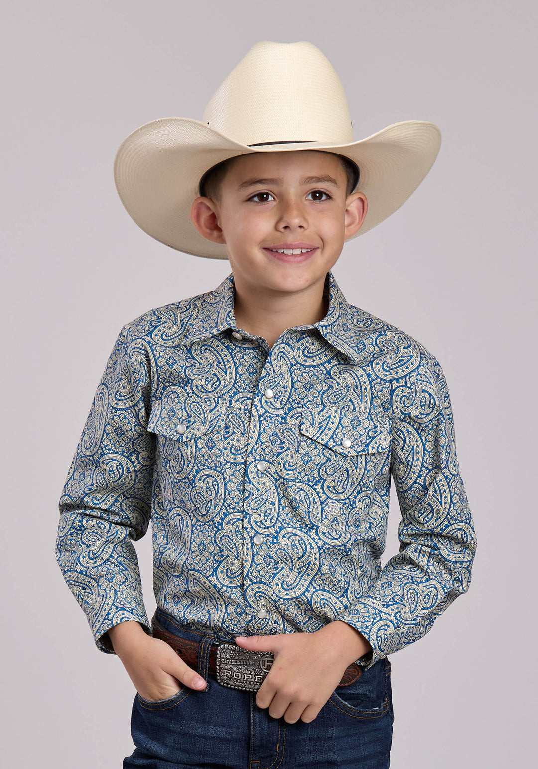 BOYS ROPER BLUE LINE PAISLEY LONG SLEEVE SNAP SHIRT