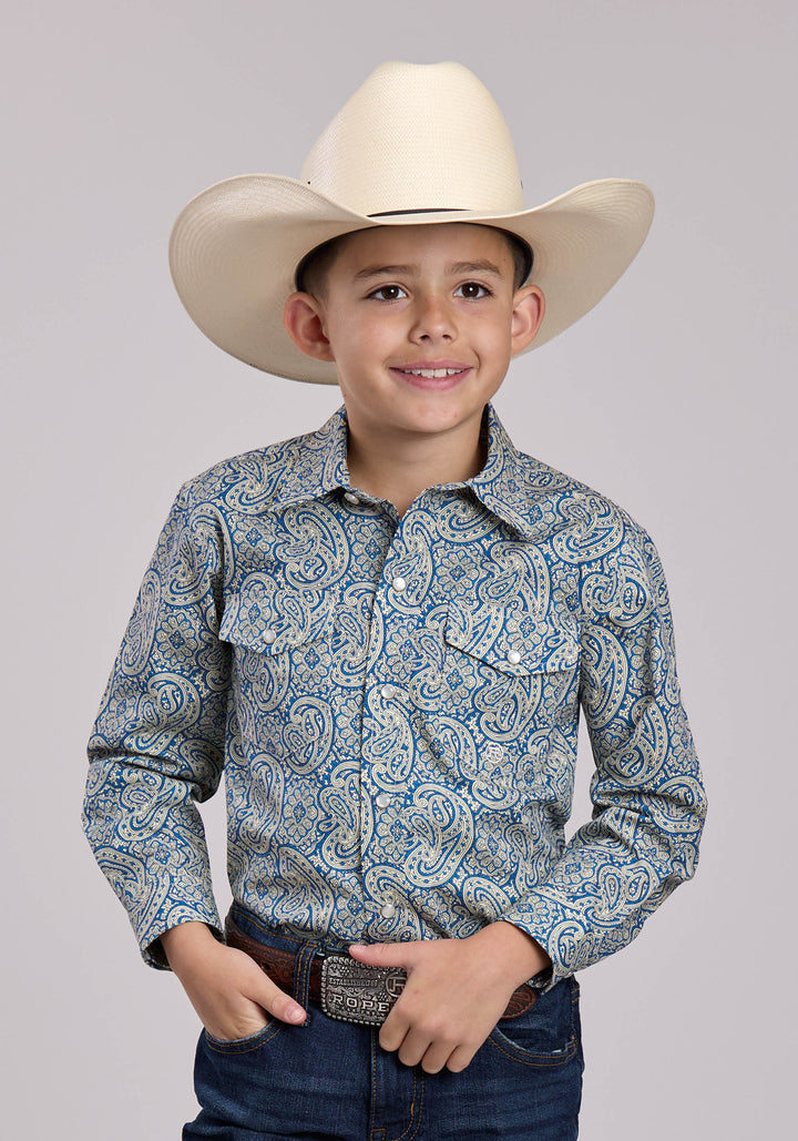 BOYS ROPER BLUE LINE PAISLEY LONG SLEEVE SNAP SHIRT